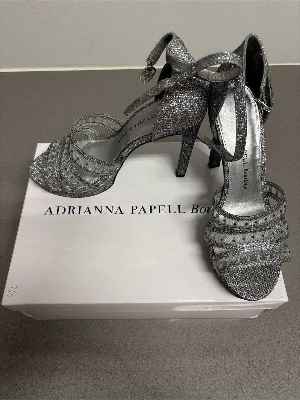 Adrianna Papell Silver Glitter Ankle-Tie High Heel Sandals